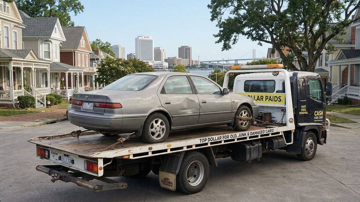 Tow truck hauling a junk car for cash in Norfolk, VA